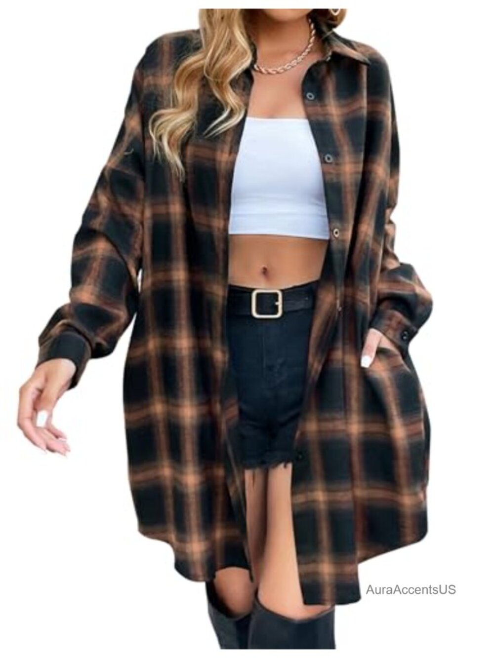 Women's Plaid Flannel Shacket Long Sleeve Button Down with Pockets
